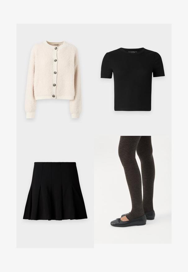 Cremefarvet cropped cardigan lavet af struktureret stof, med rund halsudskæring, knaplukning foran og ribbede manchetter og kant.; Sort tætsiddende T-shirt med korte ærmer, ribbet tekstur og rund halsudskæring. Simpelt design uden synlige logoer eller pynt.; Sort kort plisseret nederdel lavet af et glat stof. Har en elastisk talje og en flagrende silhuet, der når til midten af låret.; Ben iført mørke ribbede leggings kombineret med sorte balletsko med små sløjfedetaljer på hvid baggrund.