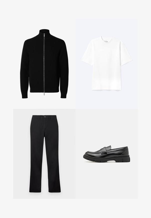Veste noire en maille à manches longues avec un col montant et une fermeture éclair argentée intégrale à l'avant.; T-shirt blanc uni à manches courtes et col rond avec une coupe décontractée, présenté sur un fond clair.; Un pantalon noir présenté sur un fond blanc, avec une coupe droite et une fermeture à bouton à la taille.; Mocassin en cuir noir avec une large sangle sur le devant, semelle en caoutchouc à épaisse rainure, et texture lisse. Design classique et élégant.
