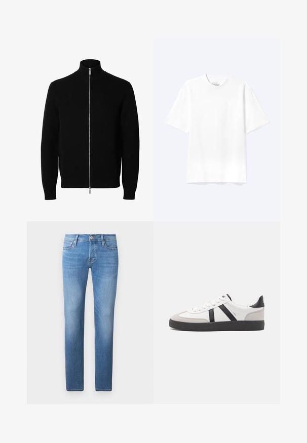 Sort langærmet strikket jakke med høj krave og fuld sølv lynlås foran.; Enkel hvid T-shirt med korte ærmer og rund hals med afslappet pasform, vist på en lys baggrund.; Lyseblå denim jeans med straight-leg snit, der har knap- og lynlåslukning, fem lommer og subtil falming.; Hvide sneakers med sorte og grå detaljer, med en tekstureret grå tåhætte, sort gummisål og flade hvide snørebånd. Rent design, minimalistisk stil.