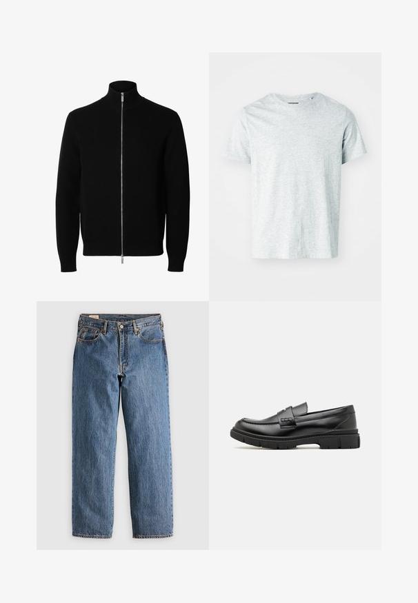 Sort langærmet strikket jakke med høj krave og fuld sølv lynlås foran.; Lys grå, kortærmet t-shirt lavet af blødt stof, med en rund hals og en let afslappet pasform. Ingen synlige mønstre eller grafik.; Blå denimjeans med lige snit, der har høj talje, kobbernitter og orange syninger. Foran og bagpå er der lommer.; Sort læder loafersko med en bred rem over forfoden, gummisål med tykke mønstre og glat overflade. Klassisk, slankt design.