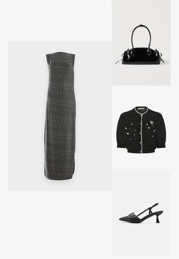 Schwarze Strickjacke mit silbernen Akzenten, rundem Halsausschnitt und fünf Knöpfen. Verziert mit verstreuten dekorativen Elementen, darunter Sterne und Herzen.; Ärmelloses, langes Kleid aus grauem Stoff mit strukturiertem Muster und seitlichem Schlitz. Gerader Schnitt mit subtiler Schimmer, entworfen für eine stromlinienförmige Silhouette.; Simmi London DALA - Pumps - black; Kleine schwarze glänzende Handtasche mit zwei langen Griffen und seitlichen Kordelzug-Details vor einfachem hellem Hintergrund.