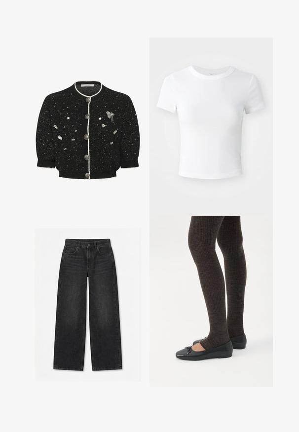 Schwarze Strickjacke mit silbernen Akzenten, rundem Halsausschnitt und fünf Knöpfen. Verziert mit verstreuten dekorativen Elementen, darunter Sterne und Herzen.; Weißes, kurzärmeliges, cropped T-Shirt mit Rundhalsausschnitt, auf einem neutralen, hellen Hintergrund präsentiert.; Schwarze Jeans mit weitem Bein, vorn mit Knöpfen und Reißverschluss, Gürtelschlaufen und Fünf-Taschen-Design auf einem einfarbigen weißen Hintergrund.; Beine in dunklen, gerippten Leggings kombiniert mit schwarzen Ballerinas mit kleinen Schleifendetails auf weißem Hintergrund.