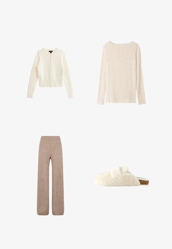 Crème ribgebreide cardigan gemaakt van zachte stof, met een ronde hals, lange mouwen en een voor sluiting met kleine knopen.; Lichtbeige fijngebreide top met lange mouwen, boothals en een subtiele gemêleerde structuur.; Brede gebreide broek in een lichtbruine tint met een ribbel waistband en manchetten, gemaakt van een zachte, gestructureerde stof. Geen zichtbare zakken.; Zachte crèmekleurige pluizige instap pantoffel met open achterkant en platte kurken zool, zijaanzicht.