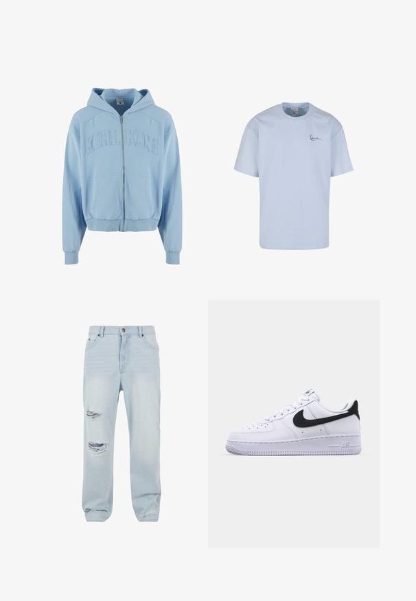 Helles blaues Zip-Hoodie aus weichem Stoff, mit einem großen, gestickten "KARL KANI"-Logo auf der Brust, vorderen Taschen und gerippten Bündchen.; Hellblaues Baumwoll-T-Shirt mit kurzen Ärmeln, einem runden Ausschnitt und einem dunkelblauen, auf der linken Brust eingestickten Logo.; Hellblaue Jeans aus Denim mit lockerer Passform, ausgestattet mit zwei beschädigten Rissen an der Vorderseite und einem klassischen Knopf- und Reißverschluss.; Weißes Leder-Sneaker mit einem strukturierten schwarzen Swoosh, flachen Schnürsenkeln und einer Gummisohle mit genoppetem Muster. "AIR" ist auf der Ferse eingeprägt.