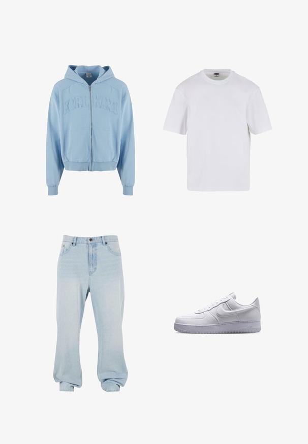 Helles blaues Zip-Hoodie aus weichem Stoff, mit einem großen, gestickten "KARL KANI"-Logo auf der Brust, vorderen Taschen und gerippten Bündchen.; Weißes T-Shirt mit kurzen Ärmeln aus Baumwolle. Besitzt einen Rundhalsausschnitt und eine lockere Passform. Glatte Textur, minimalistisches Design, ohne Muster oder Akzente.; Helle blaue Jeans aus Denim mit entspannter Passform, ausgestattet mit fünf Taschen, sichtbaren Nähten und einem Knopfverschluss am Bund.; Weißer flacher Nike Air Force 1 Sneaker mit Schnürverschluss und strukturierter Sohle, seitlich auf weißem Hintergrund gezeigt.