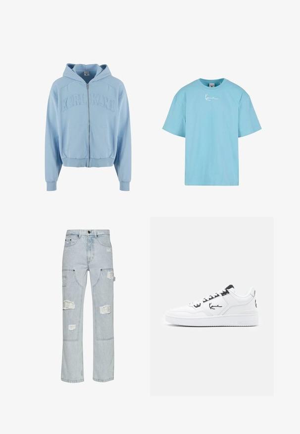 Helles blaues Zip-Hoodie aus weichem Stoff, mit einem großen, gestickten "KARL KANI"-Logo auf der Brust, vorderen Taschen und gerippten Bündchen.; Hellblaues Baumwoll-T-Shirt mit Rundhalsausschnitt und kurzen Ärmeln, das auf der Brust mit weißem geschwungenem Stich verziert ist und einen lässigen Schnitt hat.; Helle blaue Denim-Cargo-Hosen mit beschädigten Stellen, weitem Bein-Design, zwei seitlichen Taschen und Nietenakzenten.; Weiße Leder Sneaker mit schwarzen Akzenten, versehen mit einem charakteristischen Logo an der Seite, runder Zehenform und strukturiertem Gummisohle.