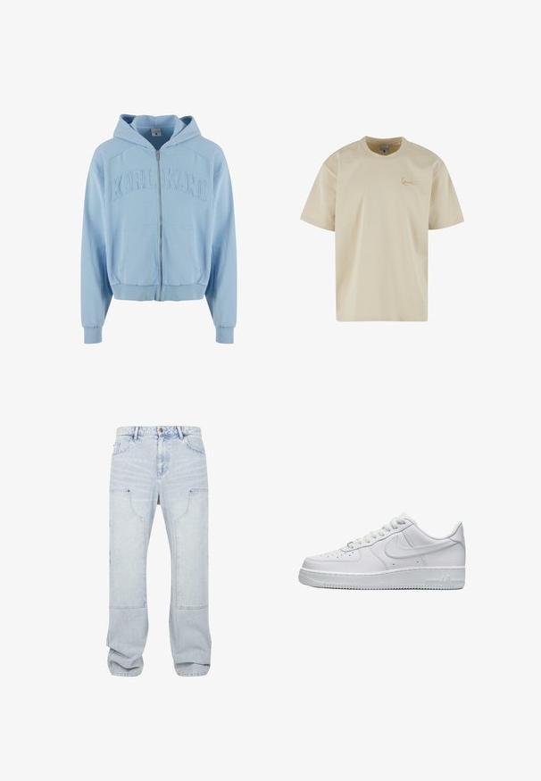Helles blaues Zip-Hoodie aus weichem Stoff, mit einem großen, gestickten "KARL KANI"-Logo auf der Brust, vorderen Taschen und gerippten Bündchen.; Beige kurzärmeliges T-Shirt aus Baumwolle, mit einem dezenten, gestickten Logo auf der linken Brust und einem klassischen Rundhalsausschnitt.; Hellblaue Jeans aus Denim mit weiten Beinen, großen aufgesetzten Fronttaschen, Gürtelschlaufen und Knopfverschluss in der Taille.; Ganz in Weiß gehaltener Low-Top Nike Air Force 1 Sneaker mit perforierter Zehenkappe, Schnürverschluss und geprägtem Nike-Swoosh an der Seite.