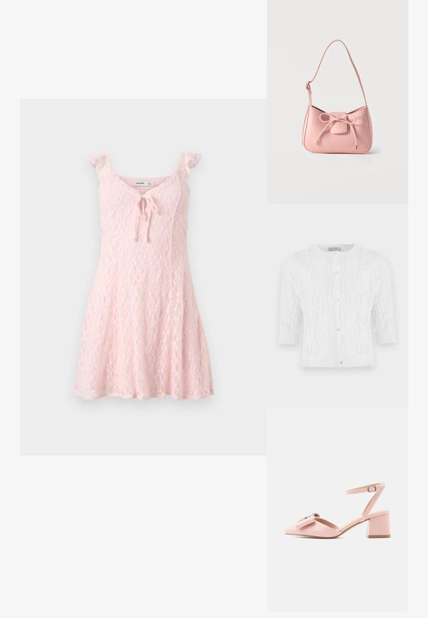 Cardigan blanc en maille à manches courtes avec encolure ronde, boutons en perle sur le devant, et motif délicat en ajouré.; Robe en dentelle rose clair sans manches avec bretelles volantées et un détail de nœud au décolleté en V, s'évasant doucement vers l'ourlet.; Chaussure rose à talon moyen avec bride à la cheville, bout pointu, nœud décoratif et boucle sur un fond clair uni.; Petit sac bandoulière rose pastel avec sangle réglable et détail nœud à l'avant avec extrémités dorées sur un fond uni.