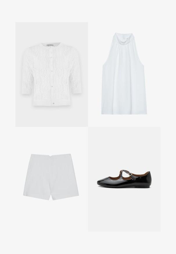 Cardigan blanc en maille à manches courtes avec encolure ronde, boutons en perle sur le devant, et motif délicat en ajouré.; Haut sans manches blanc avec un col montant, en tissu doux, présentant des détails froncés au niveau du col et une fermeture éclair dissimulée à l'arrière.; Shorts blancs au design ajusté, à l'avant plat, avec deux poches latérales et un ourlet net. Fabriqués à partir d'un tissu lisse sans motifs visibles.; Chaussure plate Mary Jane en cuir verni noir avec deux découpes et une bride à boucle dorée sur fond blanc.