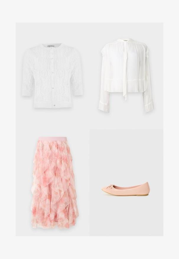 Cardigan blanc en maille à manches courtes avec encolure ronde, boutons en perle sur le devant, et motif délicat en ajouré.; Blouse blanche à manches longues en tissu léger. Présente un col et des poignets à volants, avec un détail de nouage à l'avant. Design cropped.; Jupe midi en tulle rose à couches avec motif floral et taille élastique, présentant des textures douces et volantées.; Ballerine en matériau synthétique rose clair avec un bout arrondi, ornée d'un petit nœud et d'une semelle flexible.