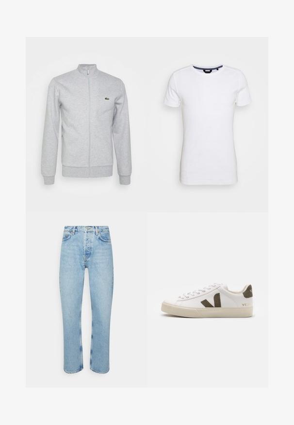Lys grå zip-up jakke lavet af blød stof, med en tætsiddende krave og ribbede manchetter. Et lille grønt logo er på venstre bryst.; Lindbergh T-shirts basic - white; Lyseblå denimjeans med lige snit, høj talje, fem-lomme design og synlige strikdetaljer ved sømmene og sømmen.; Hvide læder sneakers med en lys beige gummisål. Har en brun ruskinds V-logo og hælflap. Snørret lukning med en struktureret overflade.