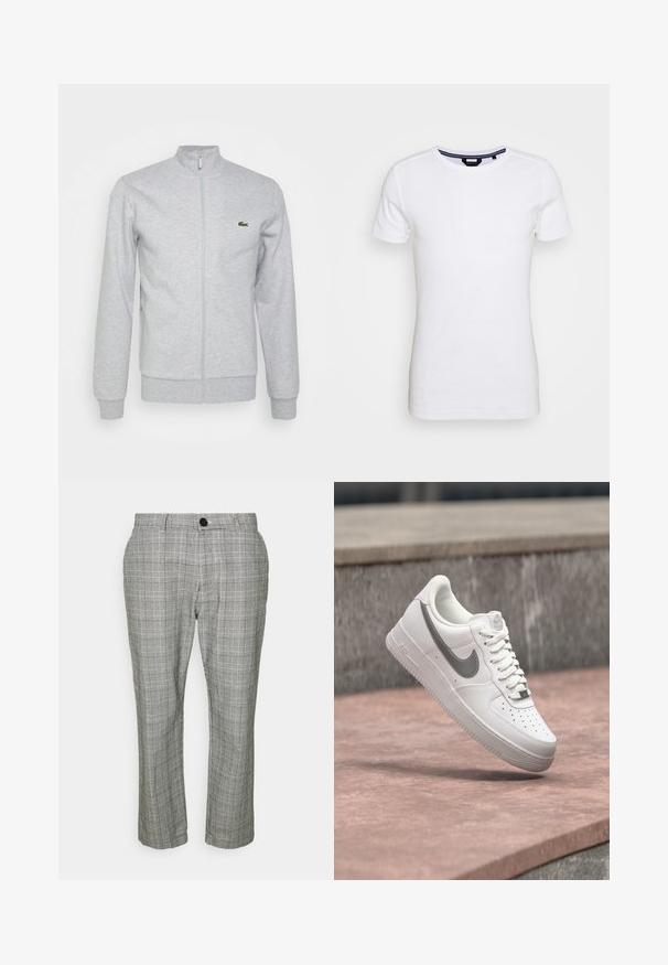 Lys grå zip-up jakke lavet af blød stof, med en tætsiddende krave og ribbede manchetter. Et lille grønt logo er på venstre bryst.; Lindbergh T-shirts basic - white; Grå, ternede bukser med en skræddersyet pasform, der har lynlås, knaplukning og sidelommer. Stoffet har en glat tekstur.; Hvid Nike Air Force 1 sneaker med gråt swoosh-logo svævende over en stensurface og en grå stenvæg i baggrunden.