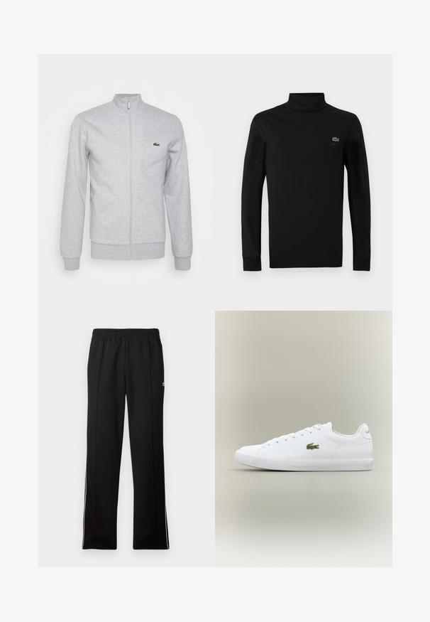 Hellgraue Zip-Jacke aus weichem Stoff mit einem taillierten Kragen und gerippten Bündchen. Ein kleines grünes Logo befindet sich auf der linken Brust.; Schwarzes langärmeliges Turtleneck aus glattem Baumwollstoff, mit einem kleinen grünen Krokodil-Logo auf der linken Brust.; Schwarze, knöchellange Sporthosen mit elastischem Bund und weißen Seitenstreifen, versehen mit einem kleinen grünen Logo auf der oberen Seite.; Weiße Ledersneaker mit einer strukturierten Gummisohle, die an der Seite ein grünes gesticktes Krokodil-Logo und eine minimale Markenidentität aufweisen.