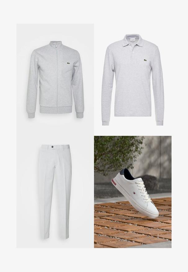 Lichtgrijze ritsjack gemaakt van zachte stof, met een fitted kraag en ribgebreide manchetten. Een klein groen logo is op de linkerborst.; Grijze lange mouwen polo shirt van katoen. Heeft een klassieke kraag, een placket met twee knopen en een groene krokodillologo op de linkerkant van de borst.; Lichtgrijze broeken van een gestructureerde stof, met een knoopsluiting, een vlakke voorkant en tapse benen voor een gestroomlijnde pasvorm.; Witte leren sneaker met navy hielstuk en klein rood, wit en blauw logo dat boven een houten en kiezelachtige grondoppervlakte buitenshuis zweeft.