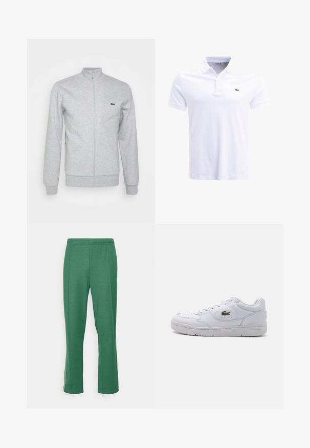 Lichtgrijze ritsjack gemaakt van zachte stof, met een fitted kraag en ribgebreide manchetten. Een klein groen logo is op de linkerborst.; Witte polo shirt van katoen; voorzien van een kraag, korte mouwen en een klein groen krokodillenlogo op de linkerkant van de borst. Eenvoudig ontwerp.; Groene sportbroek van zacht textiel; rechte snit met een elastische tailleband; heeft witte zijkanten met strepen en minimale branding.; Witte leren sneakers met een geperforeerde neus en een groen krokodillenlogo aan de buitenkant. Bevat een platte zool en een vetersluiting.
