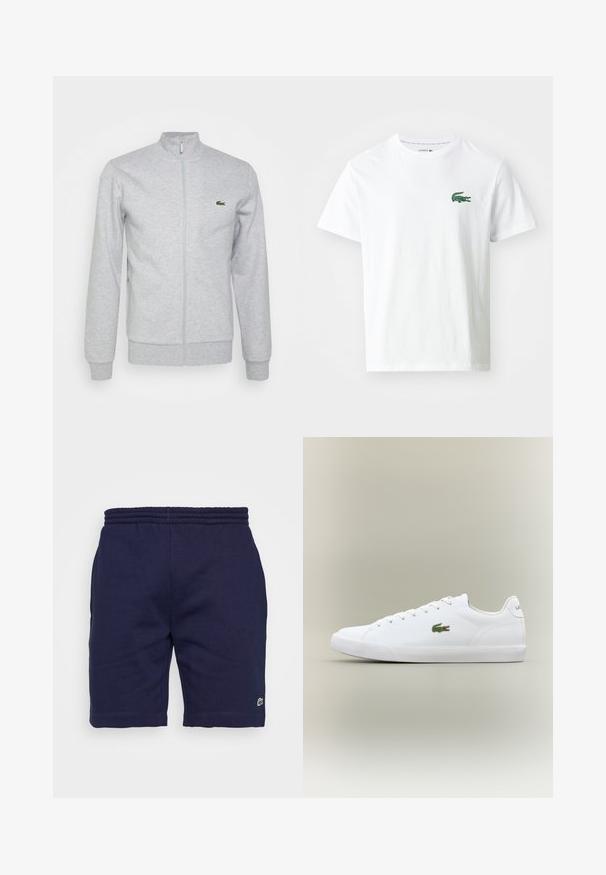 Lys grå zip-up jakke lavet af blød stof, med en tætsiddende krave og ribbede manchetter. Et lille grønt logo er på venstre bryst.; Lacoste T-shirts print - white/green; Marineblå bomuldsshorts med elastisk talje, der har et lille grønt logo på den nederste venstre ben og en glat tekstur.; Hvide lædersneakers med en tekstureret gummisål, der har et grønt broderet krokodillelogo på siden og minimal branding.