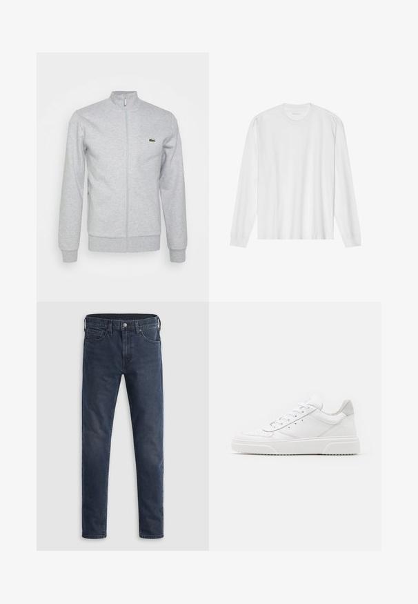 Hõbehallist pehme materjalist lukuga jope, millel on slim-fit krae ja soonikkoes varrukad. Vasakul rinnal on väike roheline logo.; Valge pikakäiste puuvillane t-särk ümarkaeluse, soonikkoes mansettide ja sirge äärega, siledat tekstuuri ja minimalistlikku disaini.; Tume sinised teksapüksid, millel on sirge sääre disain, viie taskuga ning metallist nööpkinnitusega vöökohal. Sile tekstuur.; Valged nahast spordijalatsid siledast nahast viimistlusega, ümarate varvastega, lamekestega ja tekstuuriga tallaga. Hall suede aktsent kanna juures.