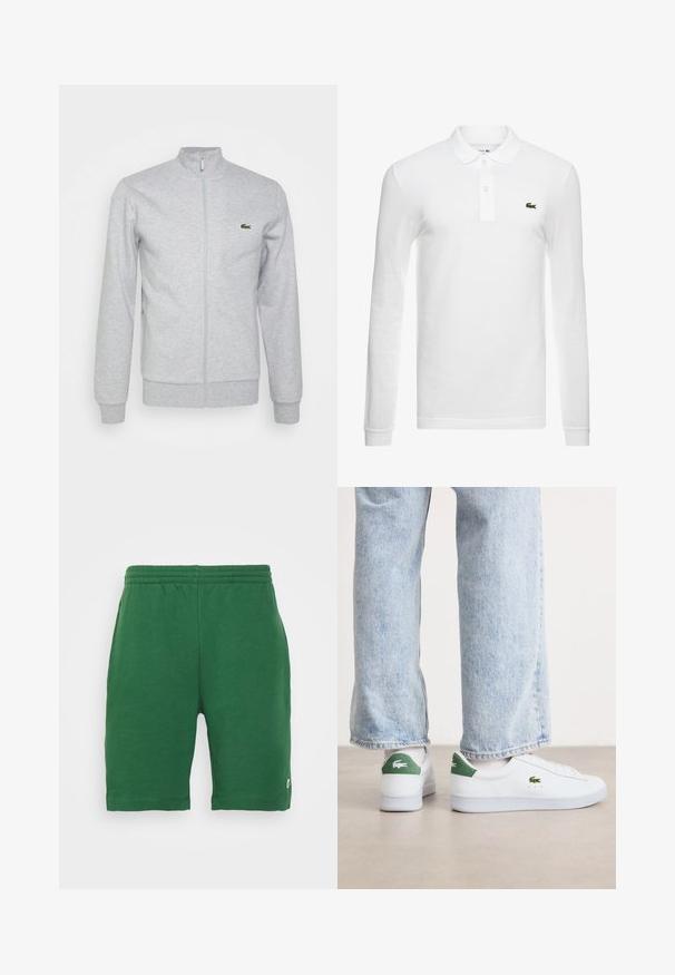 Lichtgrijze ritsjack gemaakt van zachte stof, met een fitted kraag en ribgebreide manchetten. Een klein groen logo is op de linkerborst.; Witte lange mouwen polo shirt gemaakt van katoen met een klassieke kraag, voorzien van een drieknoopsluiting en een klein geborduurd logo op de borst.; Groene jersey short met een elastische tailleband en zijzakken, voorzien van een klein logo op het linkerpijp. Soepele textuur, tot de knie.; Witte leren sneakers met groene accenten op de hiel en geborduurd logo. Glad textuur, low-top ontwerp, gecombineerd met lichtblauwe jeans.