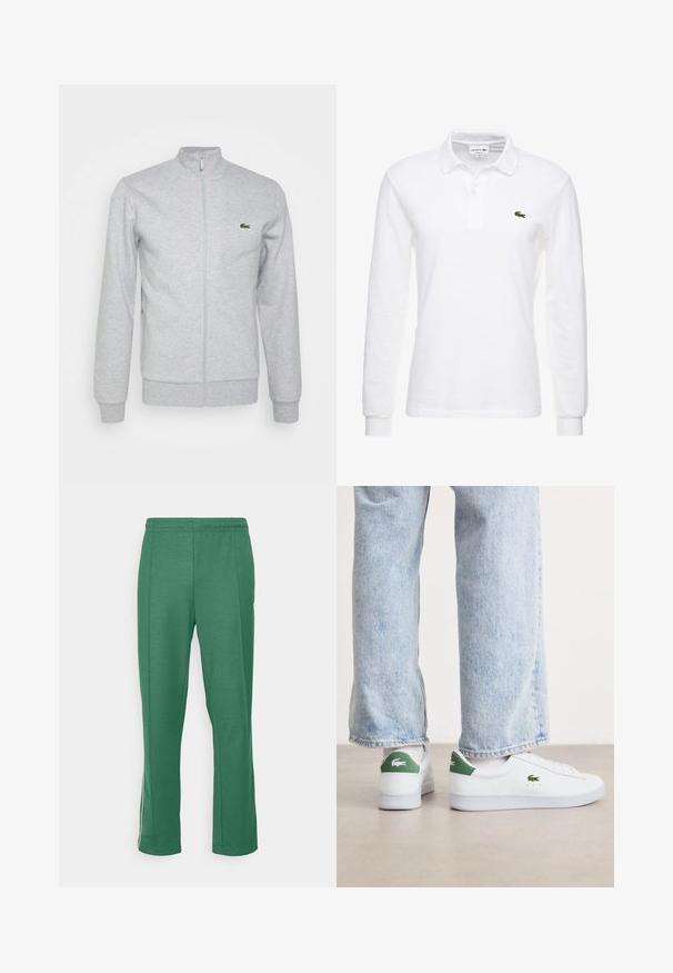 Lichtgrijze ritsjack gemaakt van zachte stof, met een fitted kraag en ribgebreide manchetten. Een klein groen logo is op de linkerborst.; Witte poloshirt met lange mouwen van katoen, met een klassieke kraag en een klein groen Lacoste-logo op de borst. Glad textuur.; Groene sportbroek van zacht textiel; rechte snit met een elastische tailleband; heeft witte zijkanten met strepen en minimale branding.; Witte leren sneakers met groene accenten op de hiel en geborduurd logo. Glad textuur, low-top ontwerp, gecombineerd met lichtblauwe jeans.