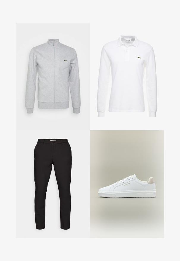 Lys grå zip-up jakke lavet af blød stof, med en tætsiddende krave og ribbede manchetter. Et lille grønt logo er på venstre bryst.; Hvid langærmet polo shirt lavet af bomuld, med en klassisk krave og et lille grønt Lacoste-logo på brystet. Glat tekstur.; Sorte skræddersyede bukser med slim fit. Har lynlås, knaplukning, sidelommer og et glat, let stof.; Hvid lav sneakers med snørebånd, beige hælflap og guldbogstaver "GAP EST. 1969" på siden og sålen, mod en neutral baggrund.