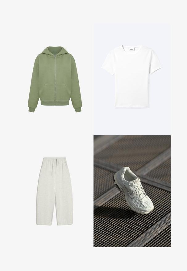Groene zip-up hoodie van zacht materiaal met een grote capuchon, voorzakken en geribde manchetten. Rechte zoom en minimale stikseldetails.; Effen wit T-shirt met korte mouwen en ronde hals met een klein "WEEKDAY" label aan de binnenkant van de hals, plat neergelegd op een lichte achtergrond.; Lichtgrijze, losvallende sweatpants gemaakt van een zachte katoenmix, met een elastische tailleband met verstelbare trekkoord en zijzakken.; Witte Nike hardloopschoen met bovenwerk van mesh en synthetisch materiaal, rustend op een metalen roostervloer in zacht natuurlijk licht.