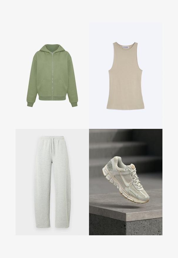 Groene zip-up hoodie van zacht materiaal met een grote capuchon, voorzakken en geribde manchetten. Rechte zoom en minimale stikseldetails.; Beige mouwloze geribde tanktop met ronde hals en "WEEKDAY"-label dat binnenin de kraag is genaaid.; Lichtgrijze joggingbroek met een elastische tailleband en trekkoord. De stof heeft een zachte textuur en rechtvallende, losse pijpen.; Lichtbeige hardloopschoen met bovenwerk van mesh, zachte voering, rubberen zool en tan accenten. Heeft een prominente zij-swoosh logo en getextureerde panelen.