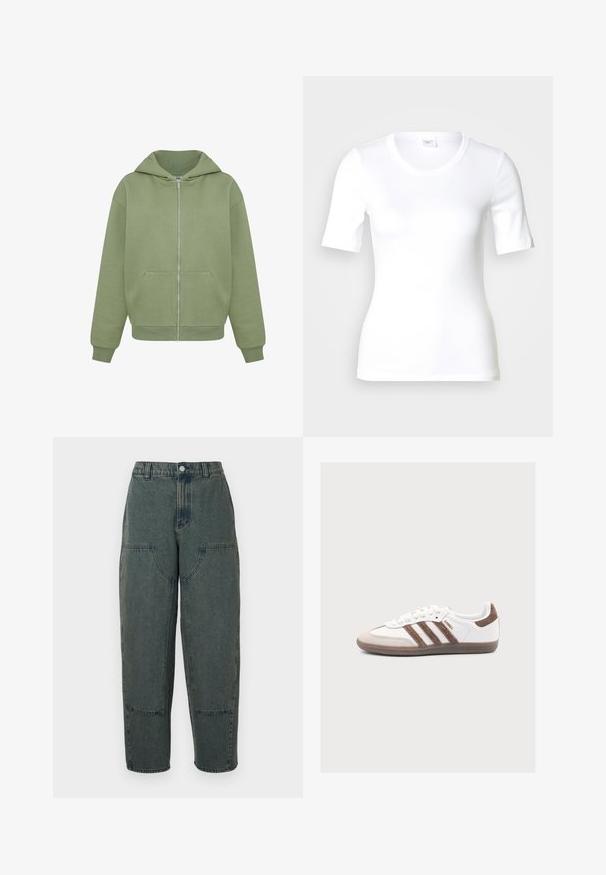 Groene zip-up hoodie van zacht materiaal met een grote capuchon, voorzakken en geribde manchetten. Rechte zoom en minimale stikseldetails.; Wit T-shirt met korte mouwen van glad katoen, met een ronde halslijn en een aangesloten pasvorm. Klassiek ontwerp, zonder patronen of accenten.; Denim broek in donkerblauw met een relaxte pasvorm, voorzien van zijzakken en contrasterende stiksels. De stof heeft een licht vervaagde textuur.; Witte Adidas Samba sneaker met bruine suède strepen, bruine suède neus en gumzool op een lichtgrijze achtergrond.