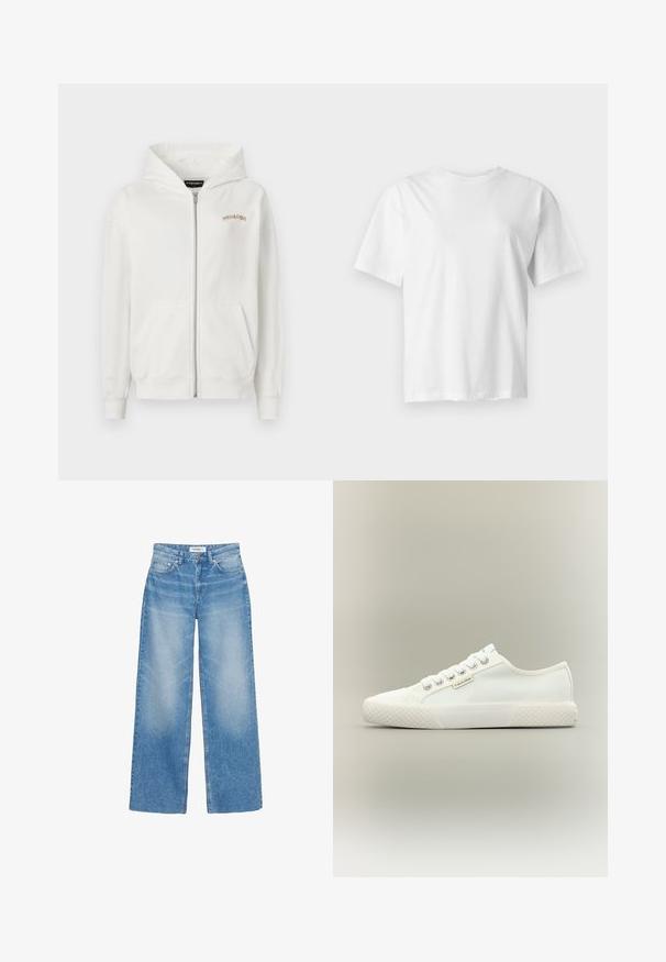Haut de hoodie blanc à zip fabriqué en coton doux, comportant une poche kangourou, des poignets côtelés et un petit logo brodé beige sur la poitrine.; T-shirt blanc uni à manches courtes et col rond, présenté à plat sur un fond gris clair.; Jean bleu à coupe large avec poches avant, passants de ceinture et fermeture à boutons, présenté sur fond blanc.; Baskets basses blanches en toile avec semelle en caoutchouc texturée, lacets blancs et petite étiquette Calvin Klein sur le côté.