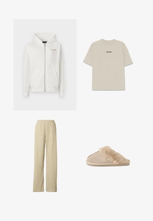 Hvid zip-up hoodie lavet af blødt bomuld, med en kengurulomme, ribbede manchetter og et lille broderet logo i beige på brystet.; Lys beige bomulds t-shirt med korte ærmer, afslappet pasform og et sort "PEGADOR" logo trykt på fronten. Glat tekstur, rund hals.; Beige ribstrikkede bukser med vidde ben, elastisk taljebånd og diskret lille hvidt logo på den øverste del af låret.; Beige slip-on tøfler med blødt ruskind yderside og blødt, fluffy inderfor og manchet, designet til komfort indendørs.