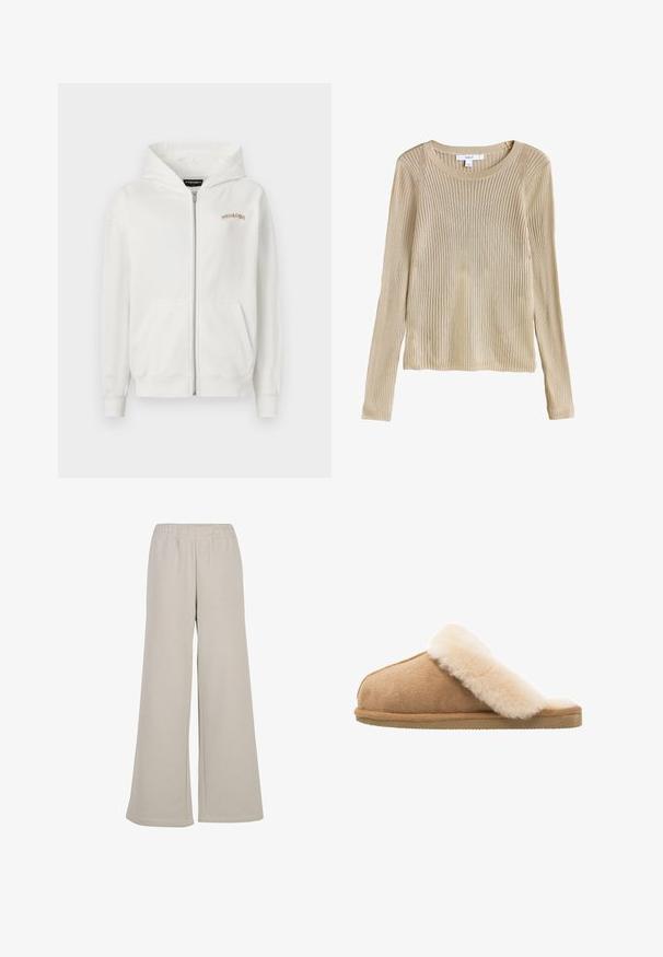 Witte rits-hoodie van zacht katoen, met een kangoeroezak, ribgebreide mouwen en een klein beige geborduurd logo op de borst.; Beige geribbelde lange mouw gebreide trui met ronde hals en slim fit, plat weergegeven met label zichtbaar bij de kraag.; Lichtbeige wijdvallende sweatpants van zachte stof, met een elastische tailleband en een nette, rechte zoom.; Beige suède instapschoen met een zachte, fluffy crème schapenvachtvoering. Voorzien van een platte, gestructureerde rubberen zool voor grip.