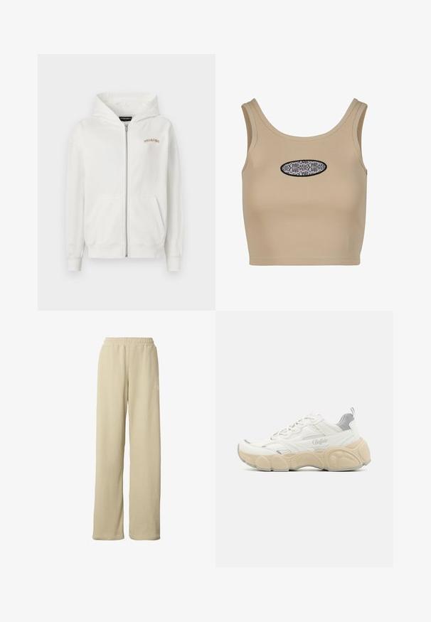 Witte rits-hoodie van zacht katoen, met een kangoeroezak, ribgebreide mouwen en een klein beige geborduurd logo op de borst.; Geribbelde beige cropped tanktop met een ronde halslijn, featuring een zwart ovale grafiek in het midden met herhalende tekst.; Beige geribbelde wijde broek met elastische tailleband en subtiel klein wit logo op de bovenkant van de dij.; Witte sneaker met een bovenwerk van mesh en glad leer, met een gevoerde kraag, een gemêleerde rubberen zool en subtiele metallic accenten.