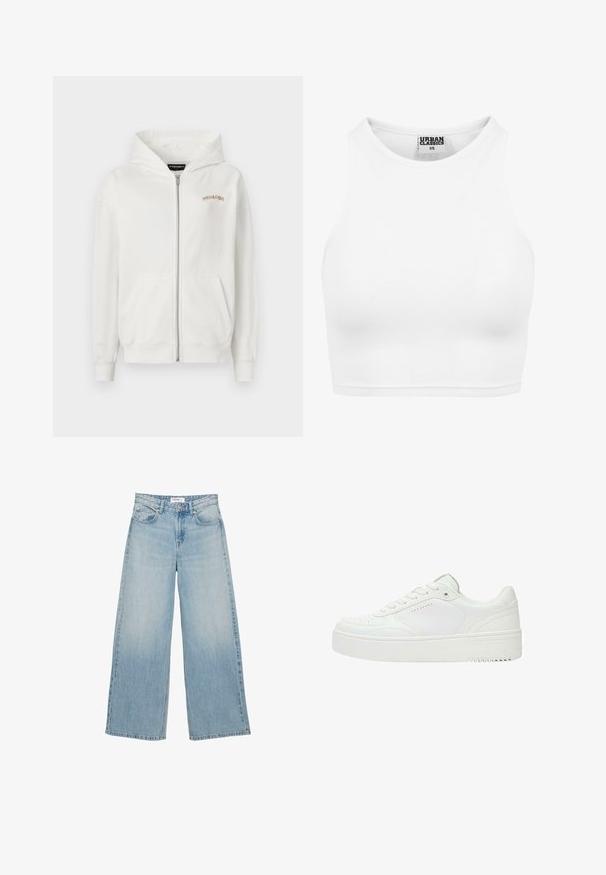 Witte rits-hoodie van zacht katoen, met een kangoeroezak, ribgebreide mouwen en een klein beige geborduurd logo op de borst.; Witte geribde cropped tanktop met hoge halslijn en "Urban Classics XS" label aan de binnenkant van de kraag.; Lichtblauwe wijde denim jeans met voorzakken, riemlussen en een knoopsluiting in de taille.; Lage witte sneaker met veterluiting aan de voorkant, geperforeerde details op de neus en zijkant, en dikke rubberen zool.