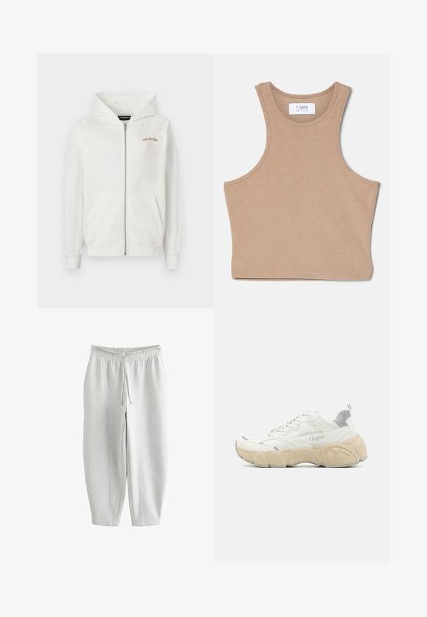 Witte rits-hoodie van zacht katoen, met een kangoeroezak, ribgebreide mouwen en een klein beige geborduurd logo op de borst.; 7 DAYS Active CROPPED - Top - mountain trail; Lichtgrijze sweatpants met elastische tailleband en trekkoord, met taps toelopende pijpen en zichtbare naaddetails.; Witte sneaker met een bovenwerk van mesh en glad leer, met een gevoerde kraag, een gemêleerde rubberen zool en subtiele metallic accenten.