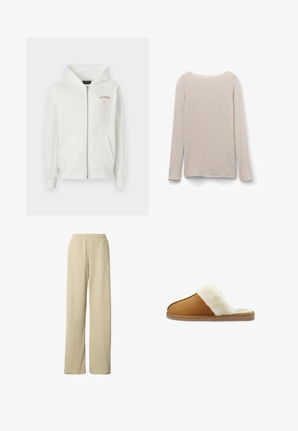 Witte rits-hoodie van zacht katoen, met een kangoeroezak, ribgebreide mouwen en een klein beige geborduurd logo op de borst.; Lichtroze T-shirt met lange mouwen en een ontspannen ronde hals, gemaakt van zachte stof met een subtiele heatherstructuur.; Beige geribbelde wijde broek met elastische tailleband en subtiel klein wit logo op de bovenkant van de dij.; Bruine suède pantoffel met een witte bontkraag, open te ontwerp, zachte textuur en een platte rubberen zool. Heeft contraststiksel voor detail.