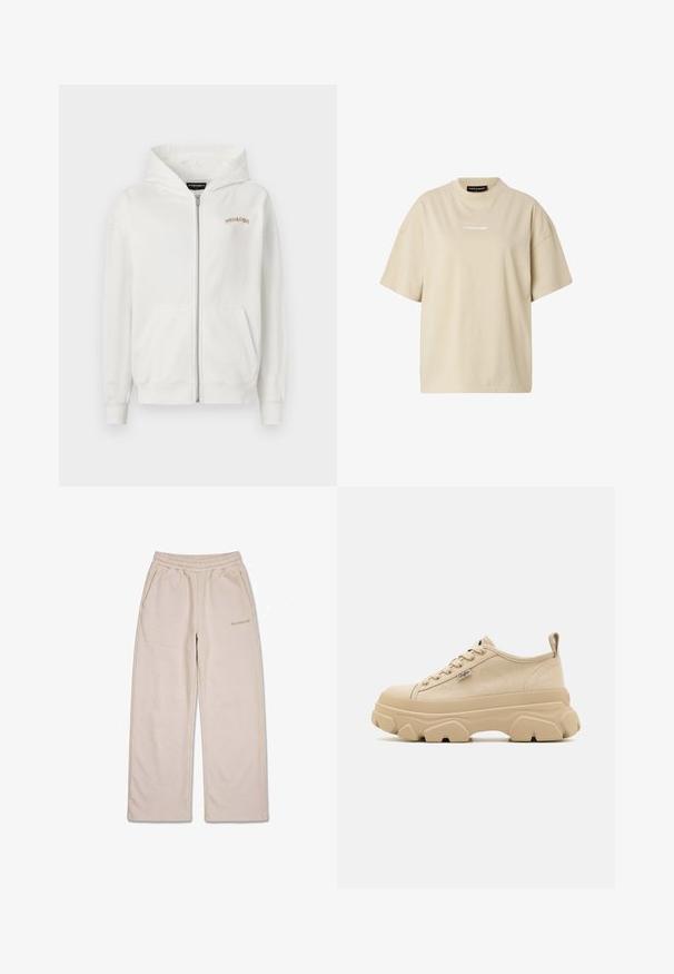 Witte rits-hoodie van zacht katoen, met een kangoeroezak, ribgebreide mouwen en een klein beige geborduurd logo op de borst.; Beige oversized T-shirt met korte mouwen, ronde hals en een klein wit "REGARD" logo in het midden van de borst.; Beige sweatpants met wijde pijpen, elastische tailleband en zijzakken, met een klein geborduurd merklogo op de rechterdij.; Beige canvas sneakers met een gestructureerde bovenkant, dikke stevige zolen en een vetersluiting. Bevat een haakje bij de hiel en een klein logo detail.
