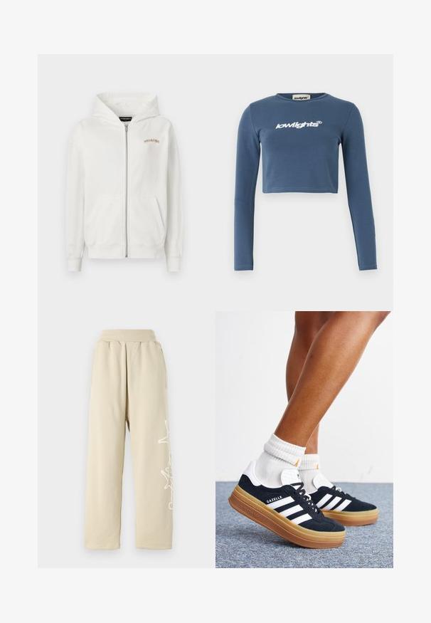 Witte rits-hoodie van zacht katoen, met een kangoeroezak, ribgebreide mouwen en een klein beige geborduurd logo op de borst.; Blauwe cropped langarmshirt van zachte katoen, met op de voorkant een witte geborduurde "lowlights" logo. Soepele textuur, geribbelde halslijn.; Beige, relaxed-fit joggingbroek met een elastische tailleband, zijzakken en een witte grafische print langs het linkerdeel van het been. Zachte katoenmateriaal.; Ben met witte sokken en zwarte Adidas Gazelle sneakers met witte strepen en dikke bruine zolen op een grijs tapijt.