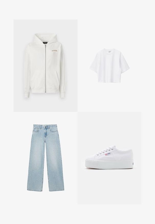 Haut de hoodie blanc à zip fabriqué en coton doux, comportant une poche kangourou, des poignets côtelés et un petit logo brodé beige sur la poitrine.; T-shirt blanc court en coton doux, avec col rond, manches courtes et coupe décontractée. Design simple et polyvalent.; Jean large bleu clair avec poches avant et arrière, fermeture par bouton et fermoir éclair, et délicates ornements en strass.; Baskets en toile blanches avec une épaisse semelle plateforme blanche, bout rond et œillets en métal pour les lacets. Logo de la marque affiché sur le côté.