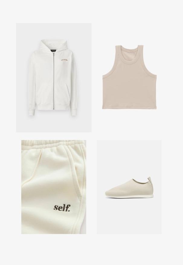 Hvid zip-up hoodie lavet af blødt bomuld, med en kengurulomme, ribbede manchetter og et lille broderet logo i beige på brystet.; Beige ribbet ærmeløs crop top med brede ærmegab og rund halsudskæring.; Svedbukser i cremefarvet stof med blød tekstur, elastisk taljebånd, sidelommer og "self." broderet i brun.; Beige strikket slip-on sko med lav profil, tekstureret overdel og fleksibel sål. Har et vævet design omkring anklene for komfort.