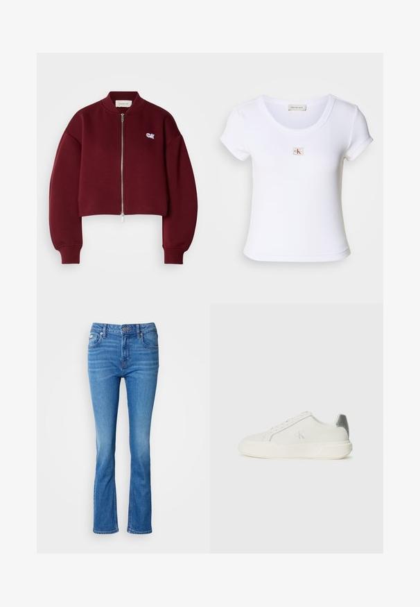 Calvin Klein Jeans Sweat zippé - deep rouge; T-shirt ajusté blanc en tissu côtelé, avec un col rond et des manches courtes. Un petit logo CK est brodé sur la poitrine.; Jean en denim bleu évasés avec une taille moyenne, présentant un design classique à cinq poches et une texture légèrement décolorée au niveau des genoux.; Baskets blanches en cuir avec une texture lisse, présentant un accent argenté sur le talon, une semelle plate et un design minimaliste.