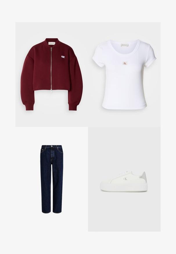 Calvin Klein Jeans Sweat zippé - deep rouge; T-shirt ajusté blanc en tissu côtelé, avec un col rond et des manches courtes. Un petit logo CK est brodé sur la poitrine.; Jeans en denim bleu foncé avec une coupe droite, dotés d'une taille haute, d'un style à cinq poches et de coutures contrastantes. Sans embellissements.; Baskets en toile blanches avec une semelle blanche épaisse, présentant un accent argent métallique au niveau du talon et un subtil logo sur le côté.