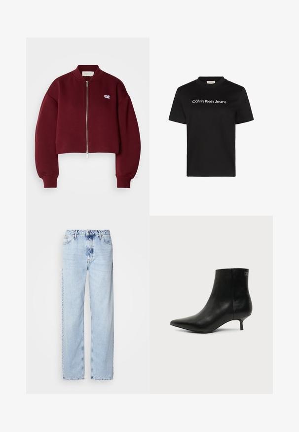 Calvin Klein Jeans Sweat zippé - deep rouge; T-shirt en coton noir avec col rond et manches courtes, arborant le texte "Calvin Klein Jeans" en blanc sur la poitrine.; Jeans large bleus clairs en denim, avec une taille haute, un lavage décoloré et un motif tie-dye subtil à l'avant.; Bottine en cuir noir avec bout pointu et petit talon kitten sur fond clair, vue côté extérieur.