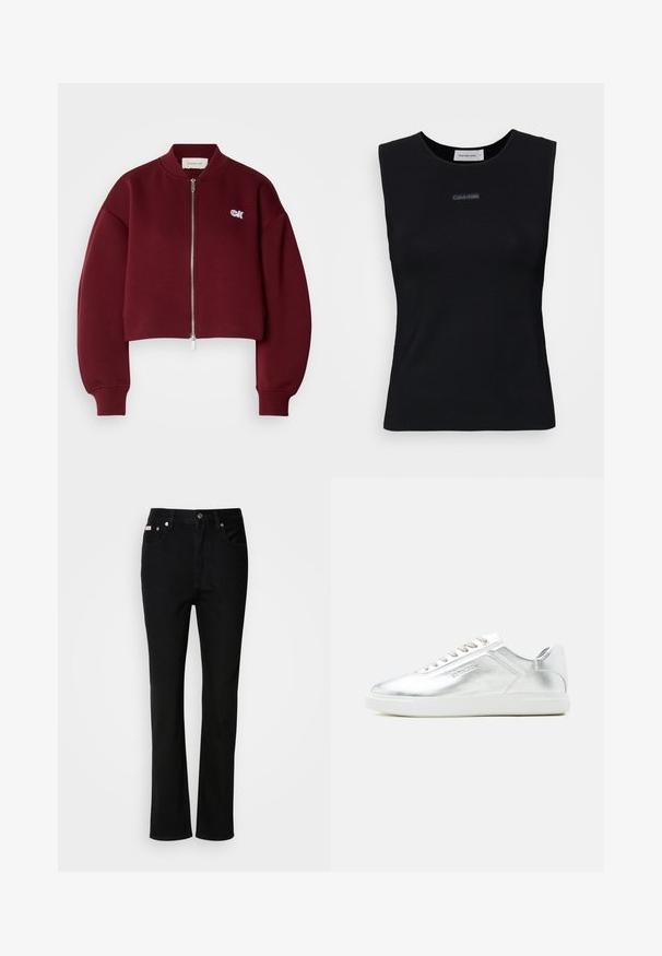 Calvin Klein Jeans Sweat zippé - deep rouge; Top sans manches noir en tissu lisse. Doté d'un col rond et d'un petit logo Calvin Klein au centre. Design simple et ajusté.; Jean noir à coupe droite, avec bouton et fermeture éclair à l'avant, passants de ceinture et cinq poches.; Baskets basses argent métallisé avec semelle et lacets blancs, texture lisse et logo discret embossé sur le côté.
