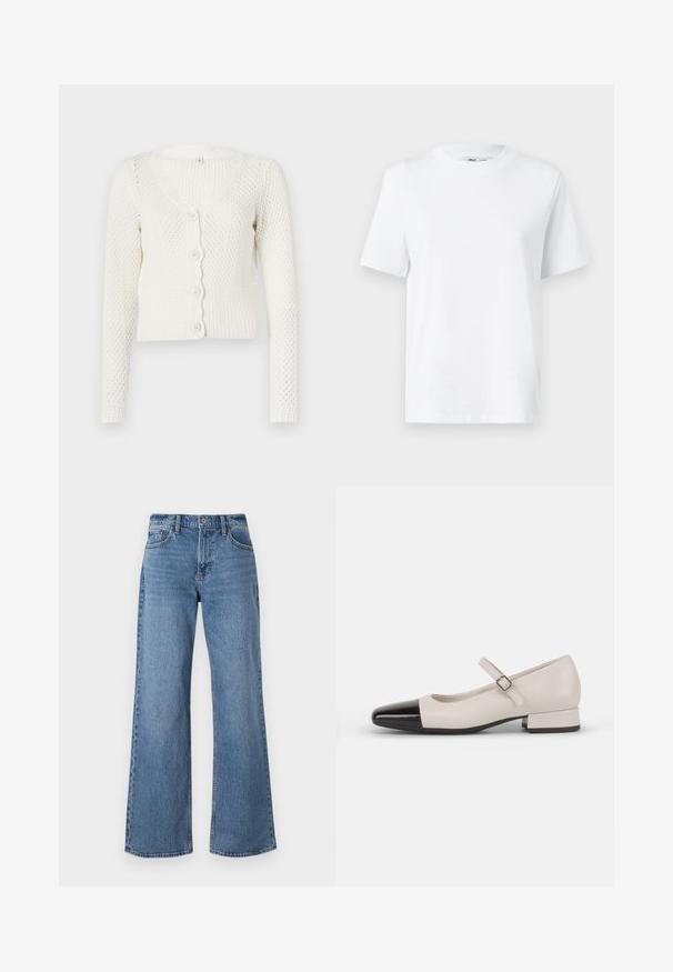Cardigan blanc en tricot avec un col en V, des manches longues et une patte de boutonnage festonnée. Présente un motif texturé et un ourlet côtelé.; T-shirt en coton blanc à col rond, avec des manches courtes et une texture lisse. Conçu avec une coupe décontractée pour plus de confort et de polyvalence.; Jean large bleu clair en denim, avec une taille haute, des passants de ceinture et une braguette à boutons. Finitions comprenant des coutures et des détails d'ourlet.; Chaussure de style Mary Jane en cuir crème avec un bout en vernis noir. Présente un bout rond, une sangle de cheville avec une boucle carrée et un petit talon carré.