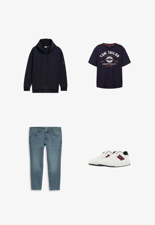Marineblå zip-hoodie med justerbar snørehætte, forlommer, ribbede manchetter og en glat, struktureret stofoverflade.; Mørkeblå bomulds T-shirt med korte ærmer, med rund hals og trykt grafik i hvid og rød tekst på forsiden.; Blå denimjeans med lommer foran og bagpå, bæltestropper, knaplukning og let falmning på lår og knæ. Størrelse 40/34.; TOM TAILOR Sneakers - white navy