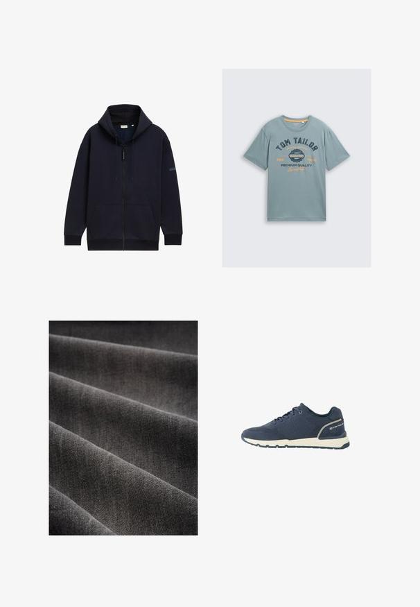 Marineblå zip-hoodie med justerbar snørehætte, forlommer, ribbede manchetter og en glat, struktureret stofoverflade.; Lys blå bomulds t-shirt med korte ærmer. Udstyret med mørkeblå og orange grafisk tekst: "TOM TAILOR" og "PREMIUM KVALITET." Enkel rund halsudskæring.; Mørkegrå stof med en blød tekstur, præsenteret i folder. Væven er tætslået, hvilket viser en glat, ensartet overflade.; Mørkeblå atletiksko med mesh-overdel, hvid sål, sort ydersål og "Tom Tailor"-logo på hælkappen.