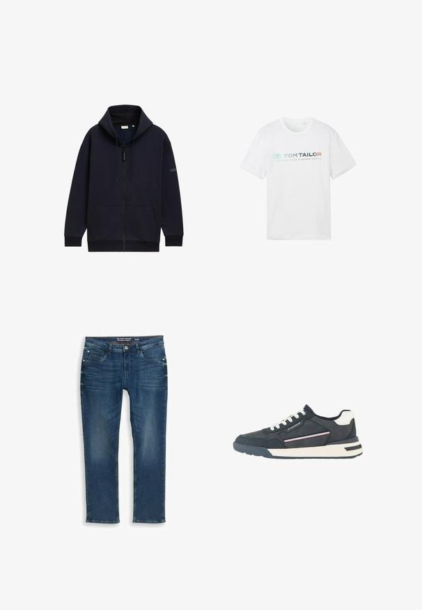 Marineblå zip-hoodie med justerbar snørehætte, forlommer, ribbede manchetter og en glat, struktureret stofoverflade.; Hvid bomulds t-shirt med rund hals, korte ærmer og fronttryk: "TOM TAILOR" med "ESSENTIALS SINCE NINETEEN SIXTY-2."; Mørkeblå jeans med lige ben lavet af denim. Har forlommer og lynlås foran samt diskret falming og syningsdetaljer ved taljebåndet.; Herre navyblå og hvide sneakers med hvide snørebånd, perforeret tå, stripet sidedetalje og mærket accent på sidepanelet.