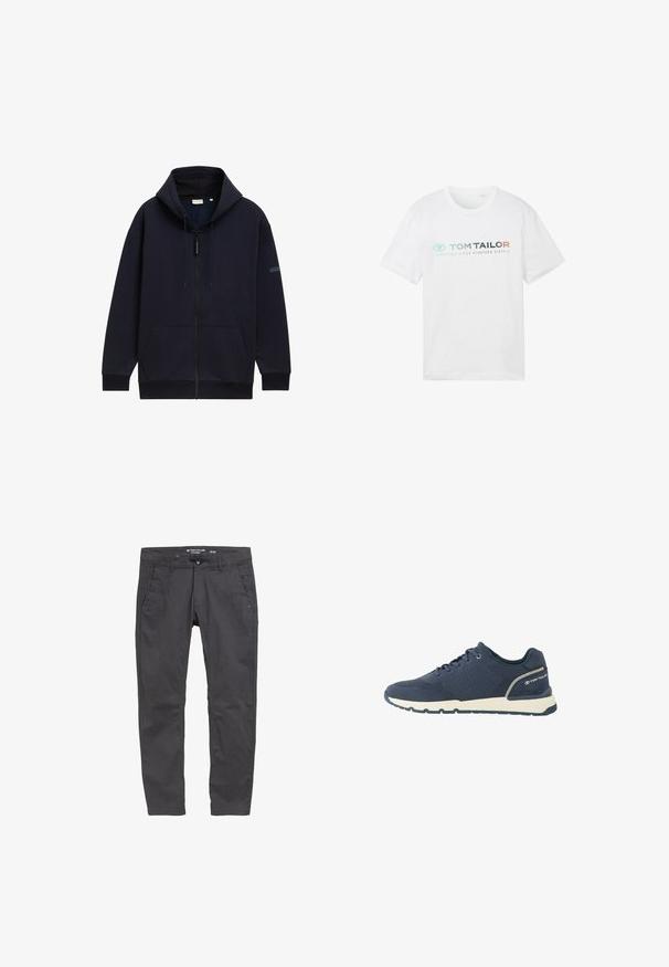 Marineblå zip-hoodie med justerbar snørehætte, forlommer, ribbede manchetter og en glat, struktureret stofoverflade.; Hvid bomulds t-shirt med rund hals, korte ærmer og fronttryk: "TOM TAILOR" med "ESSENTIALS SINCE NINETEEN SIXTY-2."; Grå bomuldsbukser med lige snit, forlommer og knaplukning. Har diskret branding og en glat tekstur.; Mørkeblå atletiksko med mesh-overdel, hvid sål, sort ydersål og "Tom Tailor"-logo på hælkappen.
