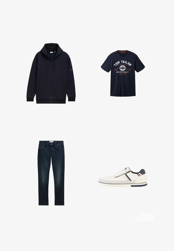 Marineblå zip-hoodie med justerbar snørehætte, forlommer, ribbede manchetter og en glat, struktureret stofoverflade.; Marineblå kortærmet T-shirt lavet af bomuld med grafisk tekst, der inkluderer "TOM TAILOR" og "premium kvalitet" i hvid og rød.; Mørkeblå denim jeans med slim fit, der har fem lommer, knaplukning og diskret falmning foran for tekstur.; Hvid lav sko med lynlås i siden, marineblå og røde accenter, sort hælpatch og "Tom Tailor"-branding langs siden.