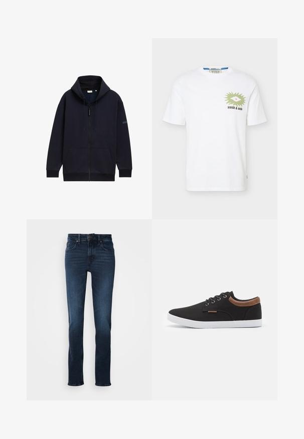 Marineblå zip-hoodie med justerbar snørehætte, forlommer, ribbede manchetter og en glat, struktureret stofoverflade.; Hvid T-shirt med korte ærmer med grønt øje-grafik og teksten "scotch & soda" på venstre bryst, vist på ensfarvet baggrund.; Mørkeblå denim jeans med lige ben-design, fem-lomme stil, frontknaplukning og subtilt slid på lårene.; Sorte kanvas sneakers med rund tå, hvid gummisål og brunt læderdetalje på hælen. Har seks metaløjer til snørebånd.