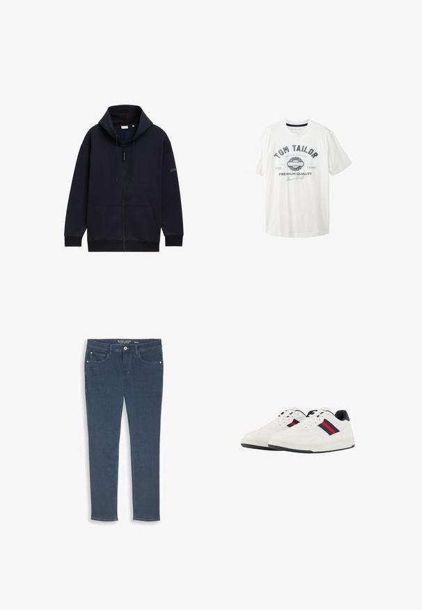 Marineblå zip-hoodie med justerbar snørehætte, forlommer, ribbede manchetter og en glat, struktureret stofoverflade.; Hvid bomulds t-shirt med rund hals, korte ærmer og trykt grafisk motiv i sort og blå med mærkenavnet "Tom Tailor."; Herre jeans med lige ben i mørkeblå denim, med forlommer, bæltestropper og knaplukning, størrelse 32/32.; TOM TAILOR Sneakers - white navy